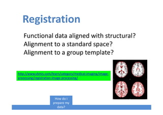 Registration
Functional data aligned with structural?
Alignment to a standard space?
Alignment to a group template?
How do I
prepare my
data?
http://www.vbmis.com/learn/category/medical-imaging/image-
processing/registration-image-processing/
 