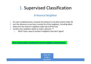 1. Supervised Classification
K-Nearest Neighbor
1. For each unlabeled point, compute the distance to all other points (order N)
2. sort the distances so we have a sorted list of the neighbors, including labels
3. determine the closest K neighbors (take top K off the list)
4. combine the neighbors labels to make a decision **
1. MUST have a way to resolve K neighbors that don't agree!
How do I
build a
classifier?
http://www.vbmis.com/learn/k-nearest-neighbor-clustering-knn/
 