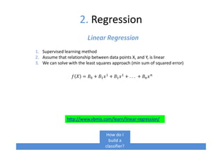 2. Regression
1. Supervised learning method
2. Assume that relationship between data points X, and Y, is linear
3. We can solve with the least squares approach (min sum of squared error)
Linear Regression
& = '( + ')
)
+ ')
)
+ . . . 	+	'*
*
How do I
build a
classifier?
http://www.vbmis.com/learn/linear-regression/
 