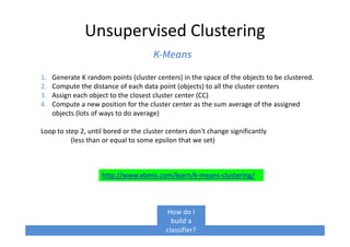 Unsupervised Clustering
K-Means
1. Generate K random points (cluster centers) in the space of the objects to be clustered.
2. Compute the distance of each data point (objects) to all the cluster centers
3. Assign each object to the closest cluster center (CC)
4. Compute a new position for the cluster center as the sum average of the assigned
objects (lots of ways to do average)
Loop to step 2, until bored or the cluster centers don't change significantly
(less than or equal to some epsilon that we set)
How do I
build a
classifier?
http://www.vbmis.com/learn/k-means-clustering/
 