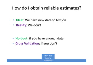 How do I obtain reliable estimates?
• Holdout: if you have enough data
• Cross Validation: If you don’t
How do I
build a
classifier?
• Ideal: We have new data to test on
• Reality: We don’t
 