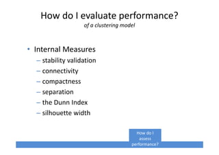 • Internal Measures
– stability validation
– connectivity
– compactness
– separation
– the Dunn Index
– silhouette width
How do I evaluate performance?
of a clustering model
How do I
assess
performance?
 