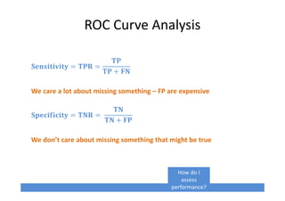 ROC Curve Analysis
=5>7898:890 = 12; =
12
12 + 43
We care a lot about missing something – FP are expensive
=?5,8@8,890 = 13; =	
13
13 + 42
We don’t care about missing something that might be true
How do I
assess
performance?
 