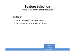 Feature Selection
Methods for dimensionality reduction
• Criterion
– mean squared error (regression)
– misclassification rate (classification)
How do I
assess
performance?
 