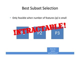 Best Subset Selection
• Only feasible when number of features (p) is small
P1 P2 P3
How do I
assess
performance?
 