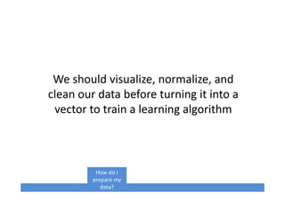 How do I
prepare my
data?
We should visualize, normalize, and
clean our data before turning it into a
vector to train a learning algorithm
 