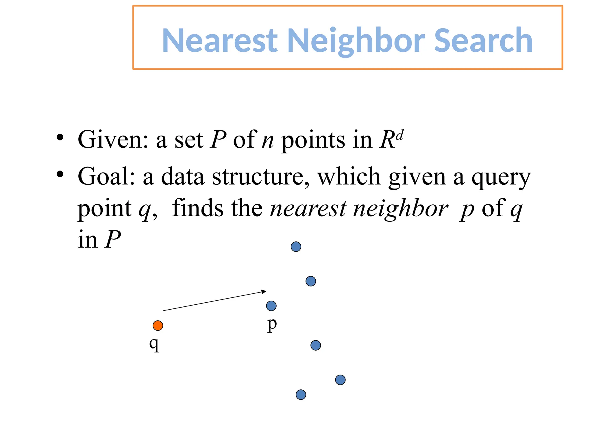 • Given: a set P of n points in Rd • Goal: a data structure, which given a query point q, finds the nearest neighbor p of q in P Nearest Neighbor Search q p 