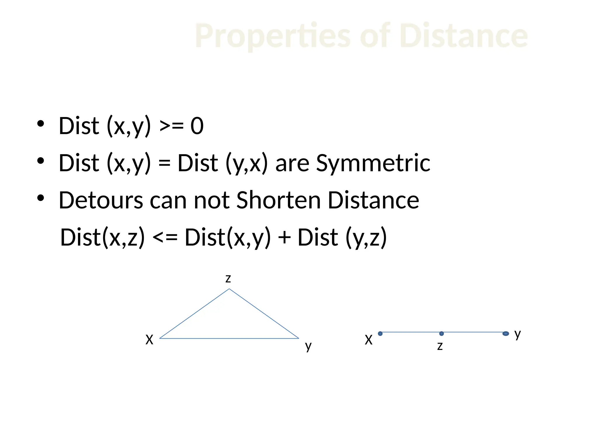 Properties of Distance • Dist (x,y) >= 0 • Dist (x,y) = Dist (y,x) are Symmetric • Detours can not Shorten Distance Dist(x,z) <= Dist(x,y) + Dist (y,z) X y z X y z 