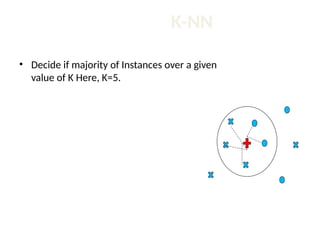 K-NN
• Decide if majority of Instances over a given
value of K Here, K=5.
 