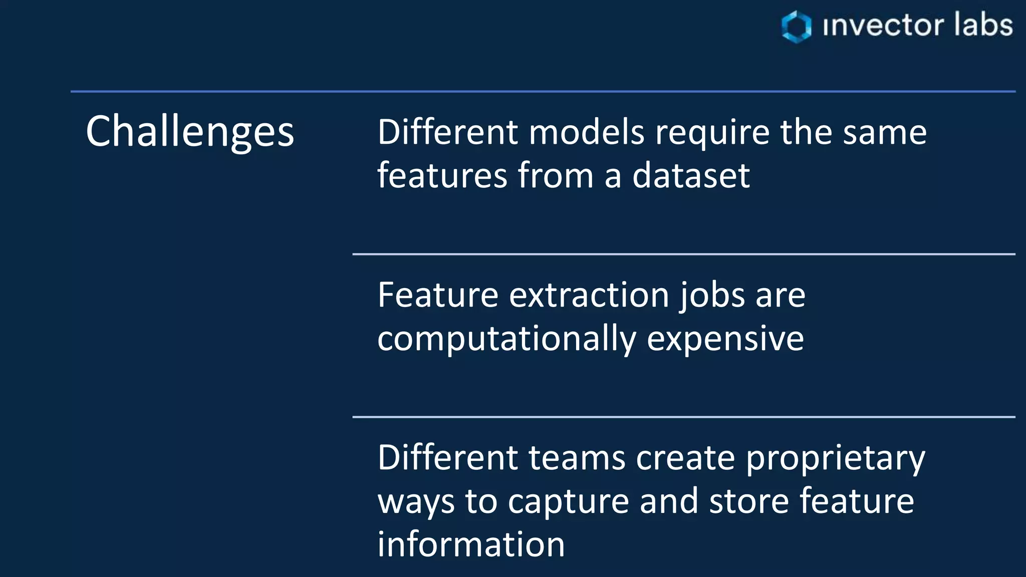 Challenges Different models require the same
features from a dataset
Feature extraction jobs are
computationally expensive
Different teams create proprietary
ways to capture and store feature
information
 