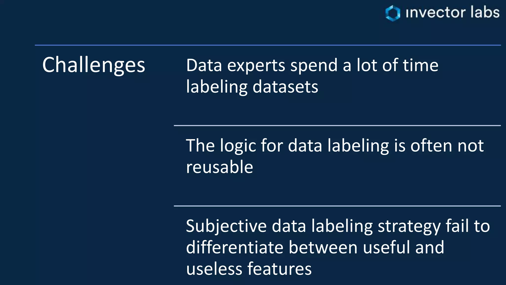 Challenges Data experts spend a lot of time
labeling datasets
The logic for data labeling is often not
reusable
Subjective data labeling strategy fail to
differentiate between useful and
useless features
 