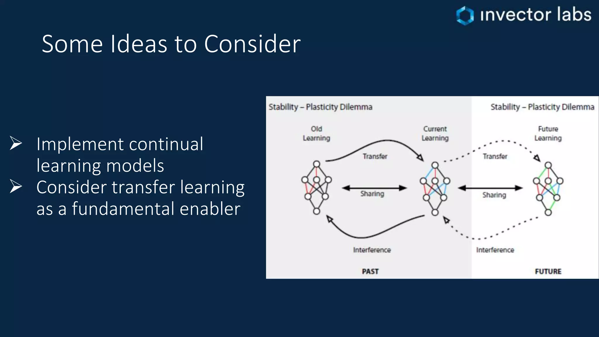 Some Ideas to Consider
 Implement continual
learning models
 Consider transfer learning
as a fundamental enabler
 
