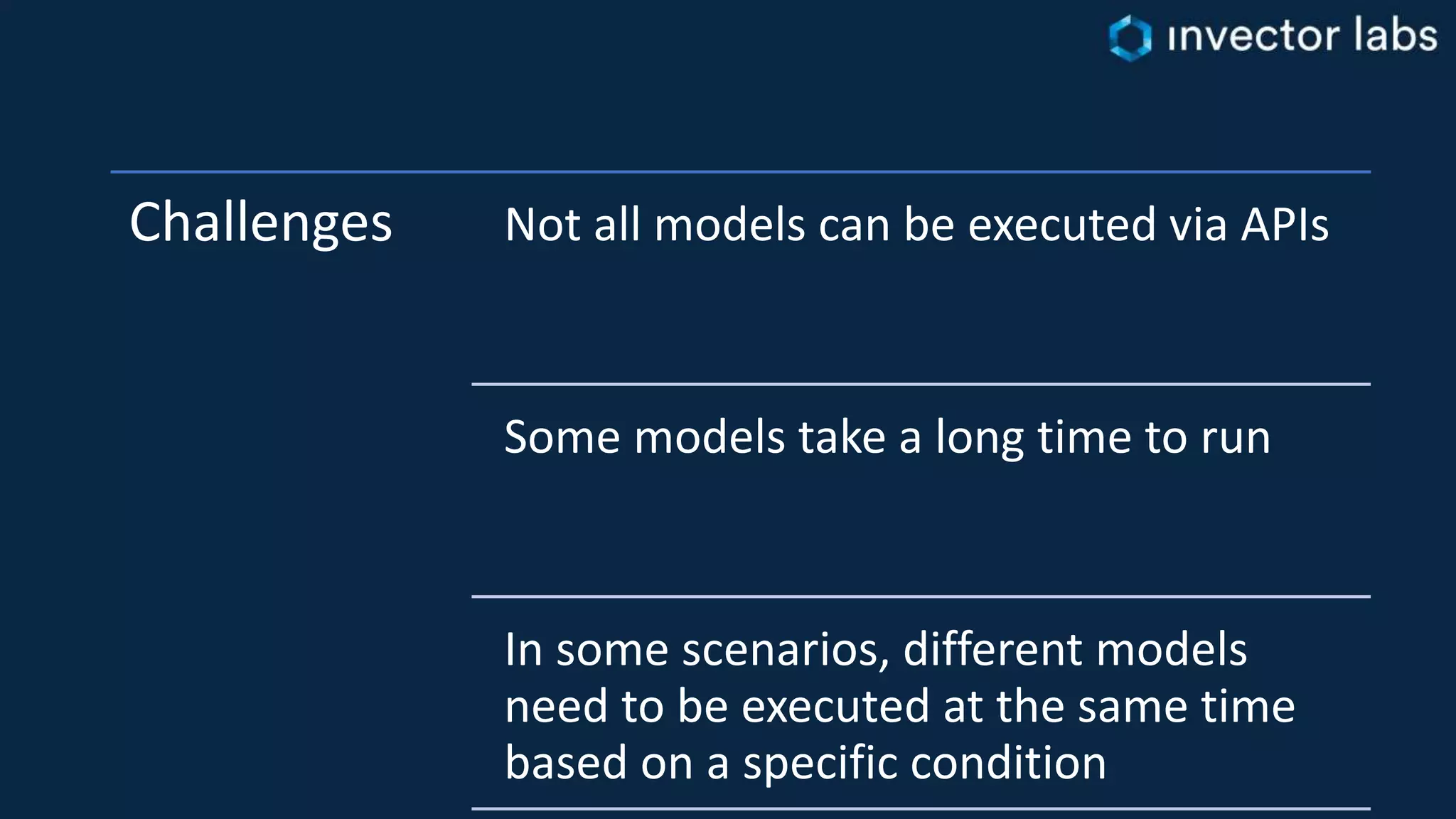 Challenges Not all models can be executed via APIs
Some models take a long time to run
In some scenarios, different models
need to be executed at the same time
based on a specific condition
 