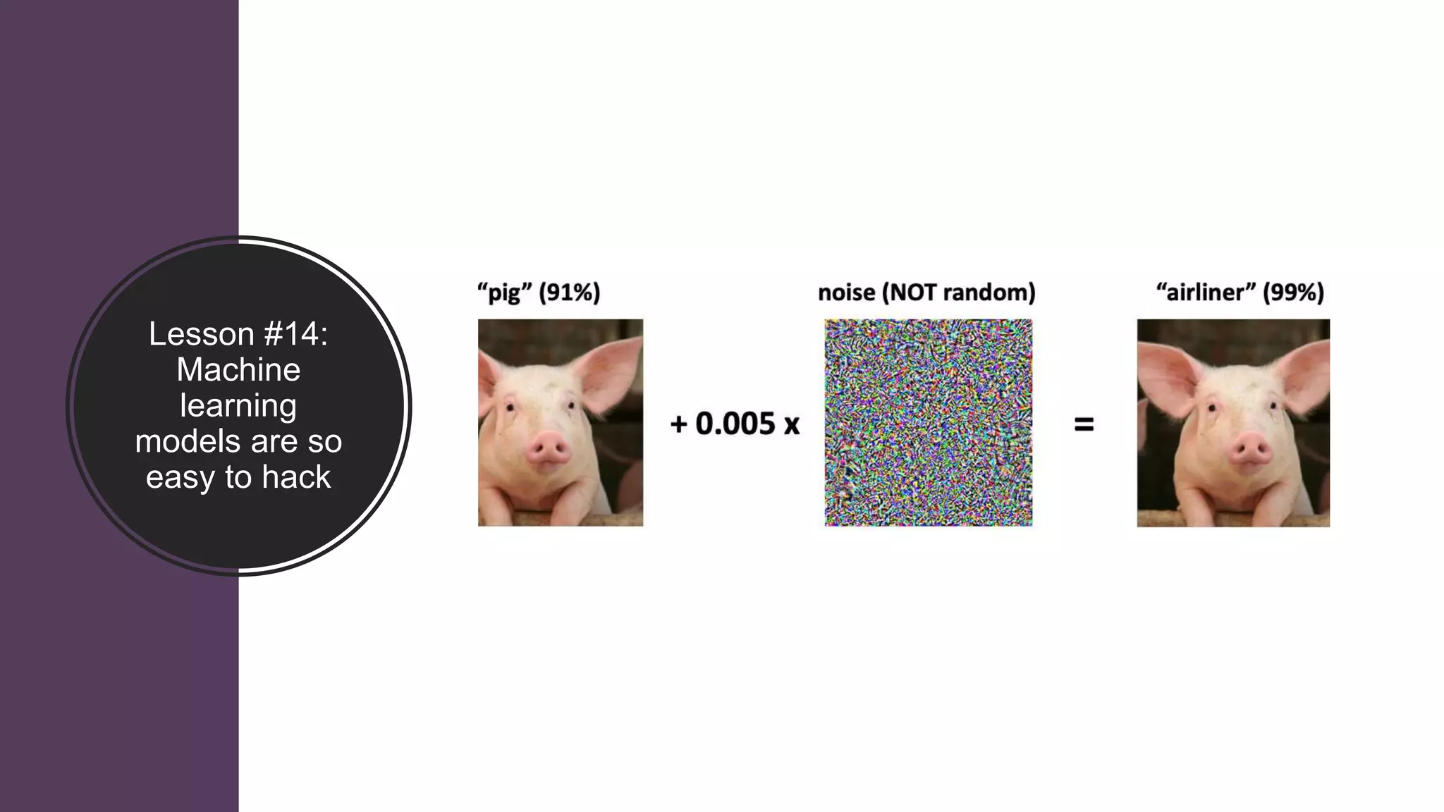 Lesson #14:
Machine
learning
models are so
easy to hack
 