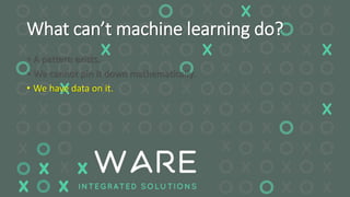 What can’t machine learning do?
• A pattern exists.
• We cannot pin it down mathematically.
• We have data on it.
 