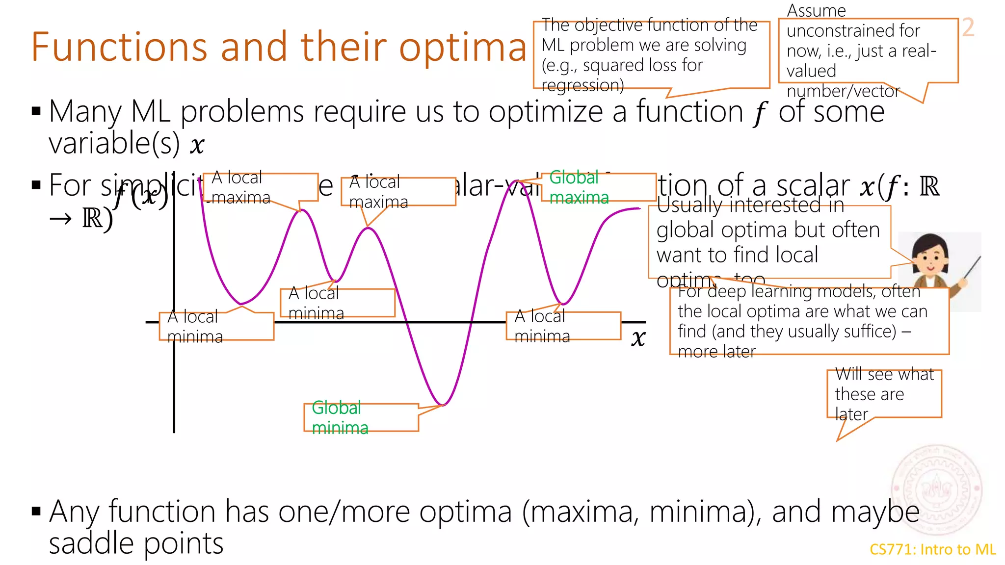 CS771: Intro to ML
Functions and their optima
2
 Many ML problems require us to optimize a function 𝑓 of some
variable(s) 𝑥
 For simplicity, assume 𝑓 is a scalar-valued function of a scalar 𝑥(𝑓: ℝ
→ ℝ)
 Any function has one/more optima (maxima, minima), and maybe
saddle points
𝑓(𝑥)
Global
maxima
A local
maxima
A local
maxima
A local
minima
A local
minima A local
minima
Global
minima
Will see what
these are
later
Usually interested in
global optima but often
want to find local
optima, too
𝑥
The objective function of the
ML problem we are solving
(e.g., squared loss for
regression)
Assume
unconstrained for
now, i.e., just a real-
valued
number/vector
For deep learning models, often
the local optima are what we can
find (and they usually suffice) –
more later
 