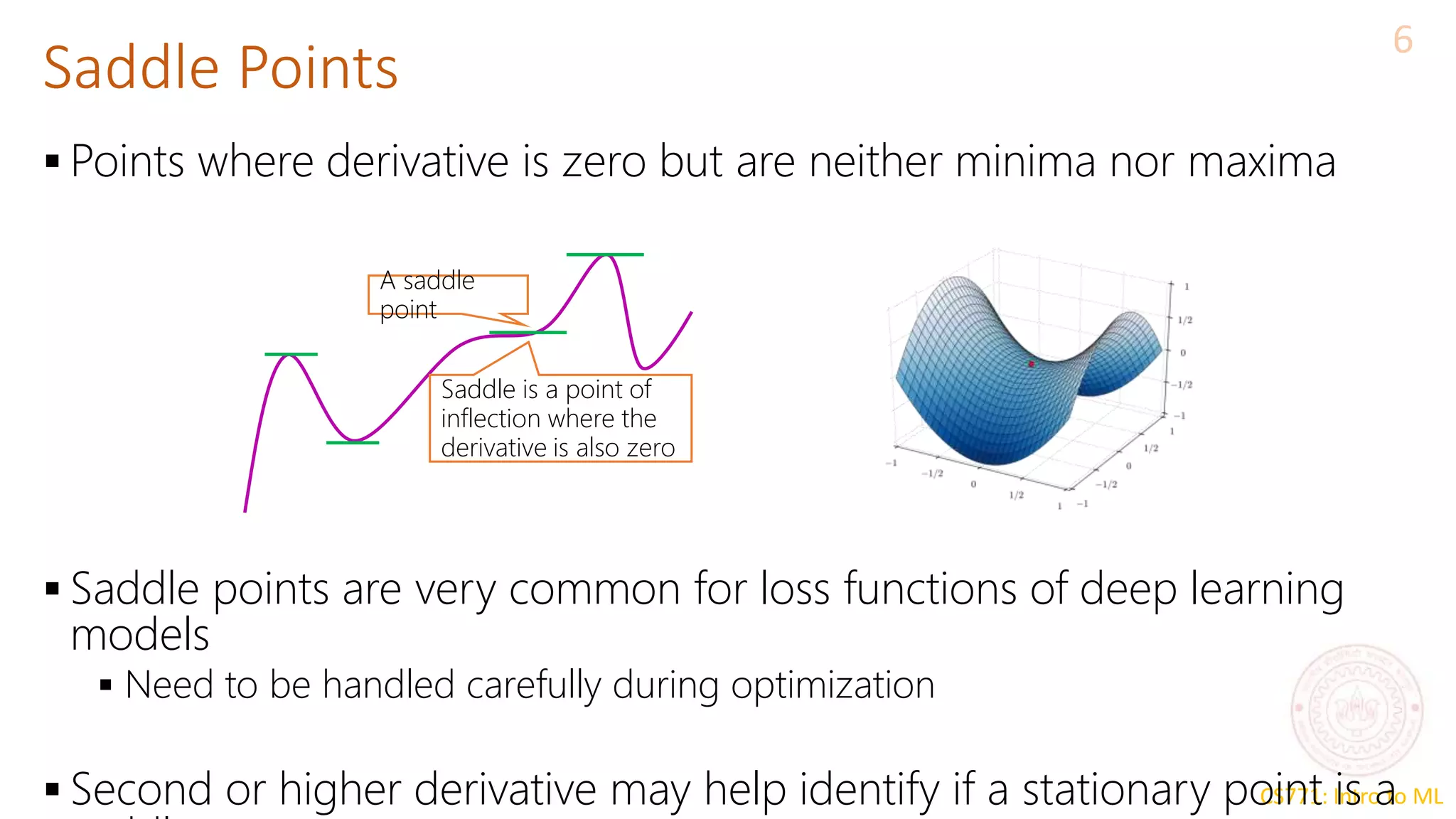 CS771: Intro to ML
Saddle Points
6
 Points where derivative is zero but are neither minima nor maxima
 Saddle points are very common for loss functions of deep learning
models
 Need to be handled carefully during optimization
 Second or higher derivative may help identify if a stationary point is a
Saddle is a point of
inflection where the
derivative is also zero
A saddle
point
 
