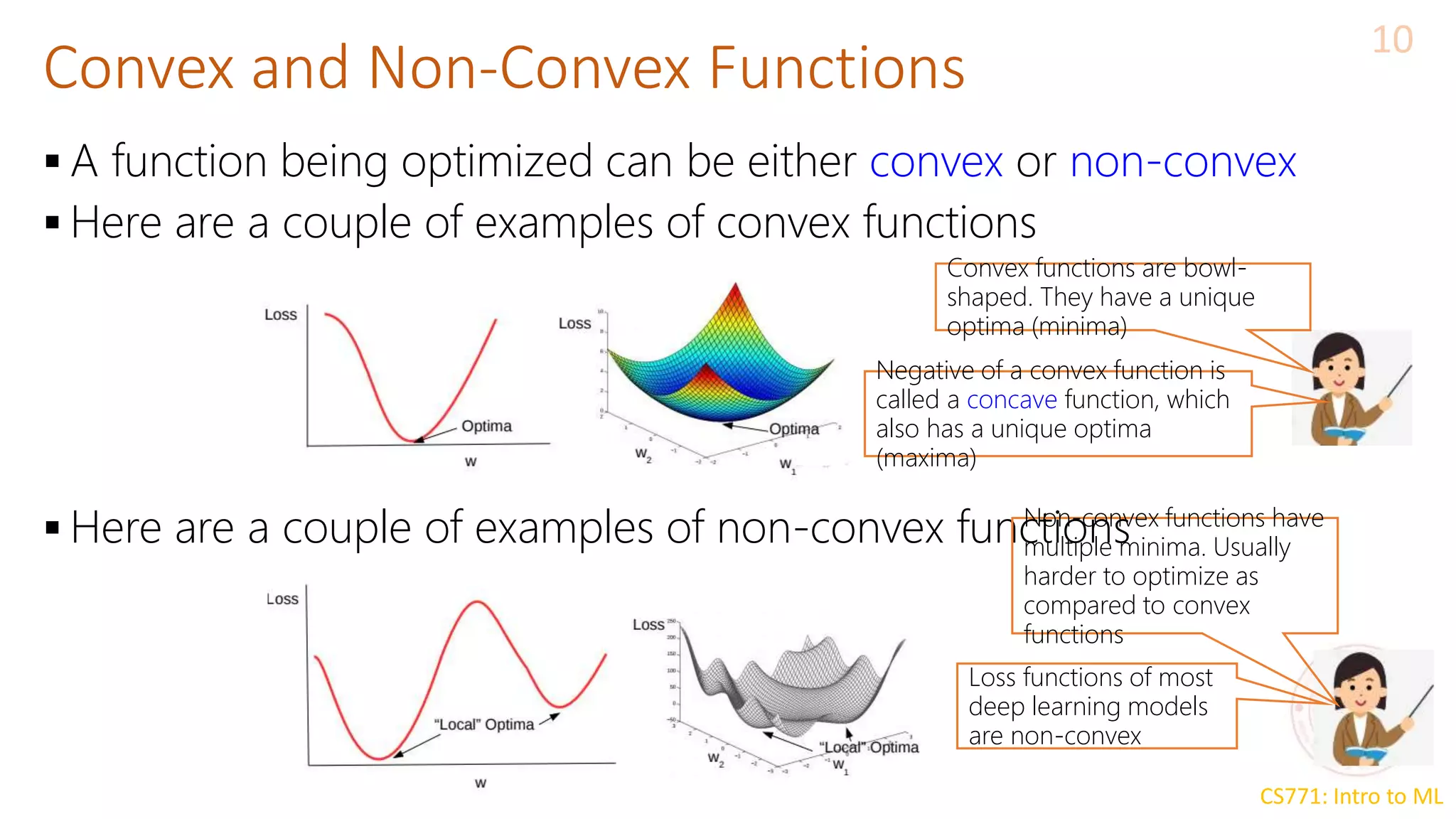 CS771: Intro to ML
 A function being optimized can be either convex or non-convex
 Here are a couple of examples of convex functions
 Here are a couple of examples of non-convex functions
Convex and Non-Convex Functions
10
Convex functions are bowl-
shaped. They have a unique
optima (minima)
Negative of a convex function is
called a concave function, which
also has a unique optima
(maxima)
Non-convex functions have
multiple minima. Usually
harder to optimize as
compared to convex
functions
Loss functions of most
deep learning models
are non-convex
 