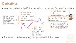 CS771: Intro to ML
Derivatives
5
 How the derivative itself changes tells us about the function’s optima
 The second derivative 𝑓’’(𝑥) can provide this information
𝑓’(𝑥)= 0 at 𝑥,
𝑓’(𝑥)>0 just
before 𝑥 𝑓’(𝑥)<0
just after 𝑥
𝑥 is a maxima
𝑓’(𝑥)= 0 at 𝑥
𝑓’(𝑥)< 0 just
before 𝑥 𝑓’(𝑥)>0
just after 𝑥
𝑥 is a minima
𝑓’(𝑥)= 0 at 𝑥
𝑓’(𝑥)= 0 just
before 𝑥 𝑓’(𝑥)= 0
just after 𝑥
𝑥 may be a saddle
𝑓’(𝑥)= 0 and 𝑓’’(𝑥)
< 0
𝑥 is a maxima
𝑓’(𝑥)= 0 and 𝑓’’ 𝑥 > 0
𝑥 is a minima
𝑓’(𝑥)= 0 and 𝑓’’ 𝑥 = 0
𝑥 may be a saddle. May
need higher derivatives
 