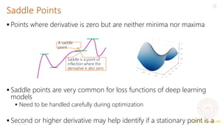 CS771: Intro to ML
Saddle Points
6
 Points where derivative is zero but are neither minima nor maxima
 Saddle points are very common for loss functions of deep learning
models
 Need to be handled carefully during optimization
 Second or higher derivative may help identify if a stationary point is a
Saddle is a point of
inflection where the
derivative is also zero
A saddle
point
 