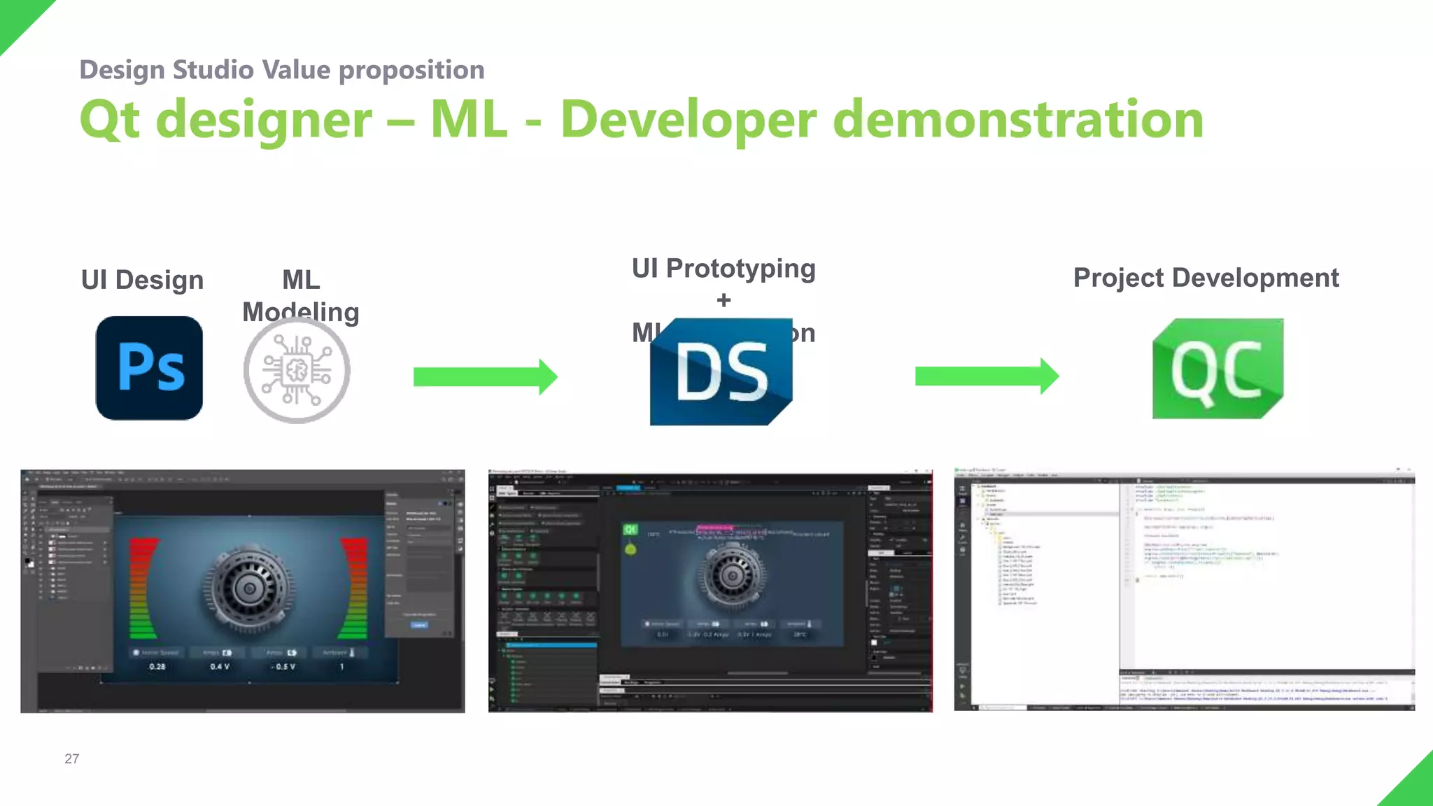 27
UI Design UI Prototyping
+
ML integration
Project Development
Design Studio Value proposition
Qt designer – ML - Developer demonstration
ML
Modeling
 