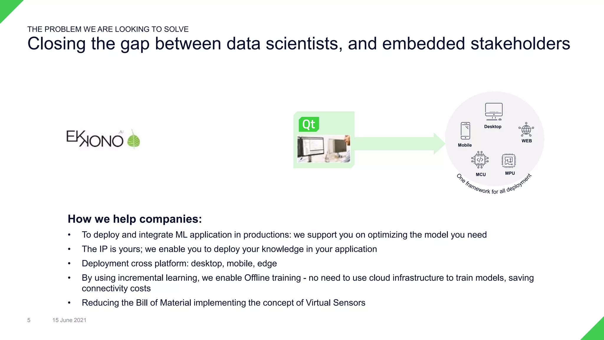 Closing the gap between data scientists, and embedded stakeholders
15 June 2021
5
THE PROBLEM WE ARE LOOKING TO SOLVE
How we help companies:
• To deploy and integrate ML application in productions: we support you on optimizing the model you need
• The IP is yours; we enable you to deploy your knowledge in your application
• Deployment cross platform: desktop, mobile, edge
• By using incremental learning, we enable Offline training - no need to use cloud infrastructure to train models, saving
connectivity costs
• Reducing the Bill of Material implementing the concept of Virtual Sensors
Desktop
MCU
WEB
MPU
Mobile
 