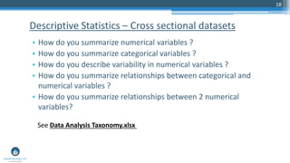 18
• How do you summarize numerical variables ?
• How do you summarize categorical variables ?
• How do you describe variability in numerical variables ?
• How do you summarize relationships between categorical and
numerical variables ?
• How do you summarize relationships between 2 numerical
variables?
Descriptive Statistics – Cross sectional datasets
See Data Analysis Taxonomy.xlsx
 