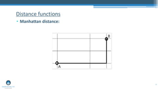 37
Distance functions
• Manhattan distance:
D =|𝑋𝐴- 𝑋 𝐵|+ |𝑌𝐴- 𝑌𝐵|
 