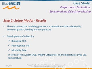 Step 2: Setup Model - Results
• The outcome of the modeling process is a simulation of the relationship
between growth, feeding and temperature
• Development of tables for
 Biological FCR,
 Feeding Rate and
 Mortality Rate
in terms of fish weight (Avg. Weight Categories) and temperatures (Avg. Sea
Temperature)
Case Study:
Performance Evaluation,
Benchmarking &Decision Making
15/2/2018 12
“Supporting Blue Growth with innovative applications based on
EU e-infrastructures”, 14-15 February 2018, Brussels
 