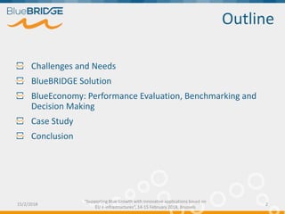 Outline
Challenges and Needs
BlueBRIDGE Solution
BlueEconomy: Performance Evaluation, Benchmarking and
Decision Making
Case Study
Conclusion
15/2/2018 2
“Supporting Blue Growth with innovative applications based on
EU e-infrastructures”, 14-15 February 2018, Brussels
 