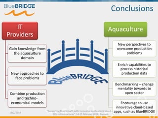 Conclusions
IT
Providers
Gain knowledge from
the aquaculture
domain
New approaches to
face problems
Combine production
and techno-
economical models
15/2/2018 22
“Supporting Blue Growth with innovative applications based on
EU e-infrastructures”, 14-15 February 2018, Brussels
Aquaculture
New perspectives to
overcome production
problems
Enrich capabilities to
process historical
production data
Benchmarking – change
mentality towards to
open sector
Encourage to use
innovative cloud-based
apps, such as BlueBRIDGE
 