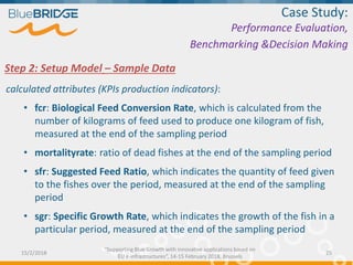 calculated attributes (KPIs production indicators):
• fcr: Biological Feed Conversion Rate, which is calculated from the
number of kilograms of feed used to produce one kilogram of fish,
measured at the end of the sampling period
• mortalityrate: ratio of dead fishes at the end of the sampling period
• sfr: Suggested Feed Ratio, which indicates the quantity of feed given
to the fishes over the period, measured at the end of the sampling
period
• sgr: Specific Growth Rate, which indicates the growth of the fish in a
particular period, measured at the end of the sampling period
Case Study:
Performance Evaluation,
Benchmarking &Decision Making
Step 2: Setup Model – Sample Data
15/2/2018 25
“Supporting Blue Growth with innovative applications based on
EU e-infrastructures”, 14-15 February 2018, Brussels
 