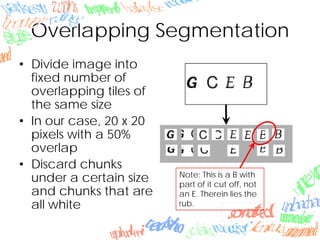 Overlapping Segmentation
• Divide image into
fixed number of
overlapping tiles of
the same size
• In our case, 20 x 20
pixels with a 50%
overlap
• Discard chunks
under a certain size
and chunks that are
all white
Note: This is a B with
part of it cut off, not
an E. Therein lies the
rub.
 