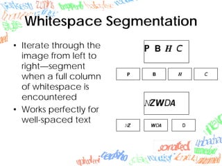 • Iterate through the
image from left to
right—segment
when a full column
of whitespace is
encountered
• Works perfectly for
well-spaced text
Whitespace Segmentation
 