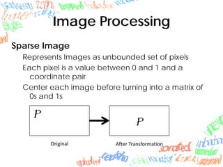 Image Processing
Sparse Image
Represents Images as unbounded set of pixels
Each pixel is a value between 0 and 1 and a
coordinate pair
Center each image before turning into a matrix of
0s and 1s
Original After Transformation
 