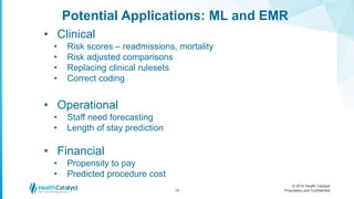 © 2016 Health Catalyst
Proprietary and Confidential
Potential Applications: ML and EMR
19
• Clinical
• Risk scores – readmissions, mortality
• Risk adjusted comparisons
• Replacing clinical rulesets
• Correct coding
• Operational
• Staff need forecasting
• Length of stay prediction
• Financial
• Propensity to pay
• Predicted procedure cost
 