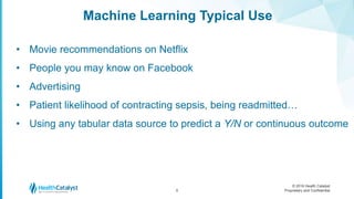 © 2016 Health Catalyst
Proprietary and Confidential
Machine Learning Typical Use
5
• Movie recommendations on Netflix
• People you may know on Facebook
• Advertising
• Patient likelihood of contracting sepsis, being readmitted…
• Using any tabular data source to predict a Y/N or continuous outcome
 