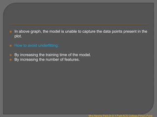  In above graph, the model is unable to capture the data points present in the
plot.
 How to avoid underfitting:
 By increasing the training time of the model.
 By increasing the number of features.
Mrs.Harsha Patil,Dr.D.Y.Patil ACS College,Pimpri,Pune
 