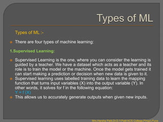 Types of ML :-
 There are four types of machine learning:
1.Supervised Learning:
 Supervised Learning is the one, where you can consider the learning is
guided by a teacher. We have a dataset which acts as a teacher and its
role is to train the model or the machine. Once the model gets trained it
can start making a prediction or decision when new data is given to it.
 Supervised learning uses labelled training data to learn the mapping
function that turns input variables (X) into the output variable (Y). In
other words, it solves for f in the following equation:
Y = f (X)
 This allows us to accurately generate outputs when given new inputs.
Mrs.Harsha Patil,Dr.D.Y.Patil ACS College,Pimpri,Pune
 
