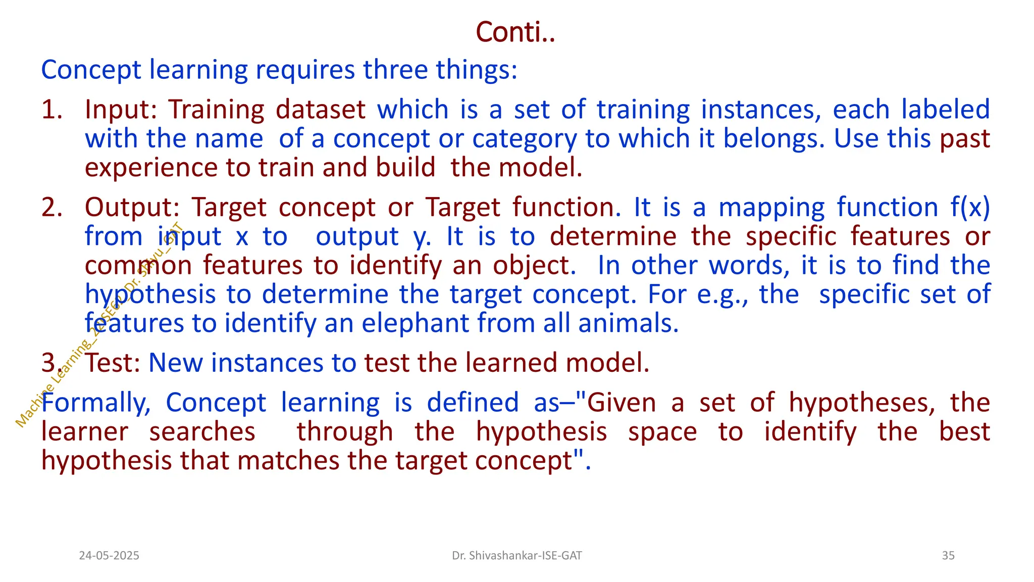 Conti..
Concept learning requires three things:
1. Input: Training dataset which is a set of training instances, each labeled
with the name of a concept or category to which it belongs. Use this past
experience to train and build the model.
2. Output: Target concept or Target function. It is a mapping function f(x)
from input x to output y. It is to determine the specific features or
common features to identify an object. In other words, it is to find the
hypothesis to determine the target concept. For e.g., the specific set of
features to identify an elephant from all animals.
3. Test: New instances to test the learned model.
Formally, Concept learning is defined as–"Given a set of hypotheses, the
learner searches through the hypothesis space to identify the best
hypothesis that matches the target concept".
24-05-2025 35
Dr. Shivashankar-ISE-GAT
 