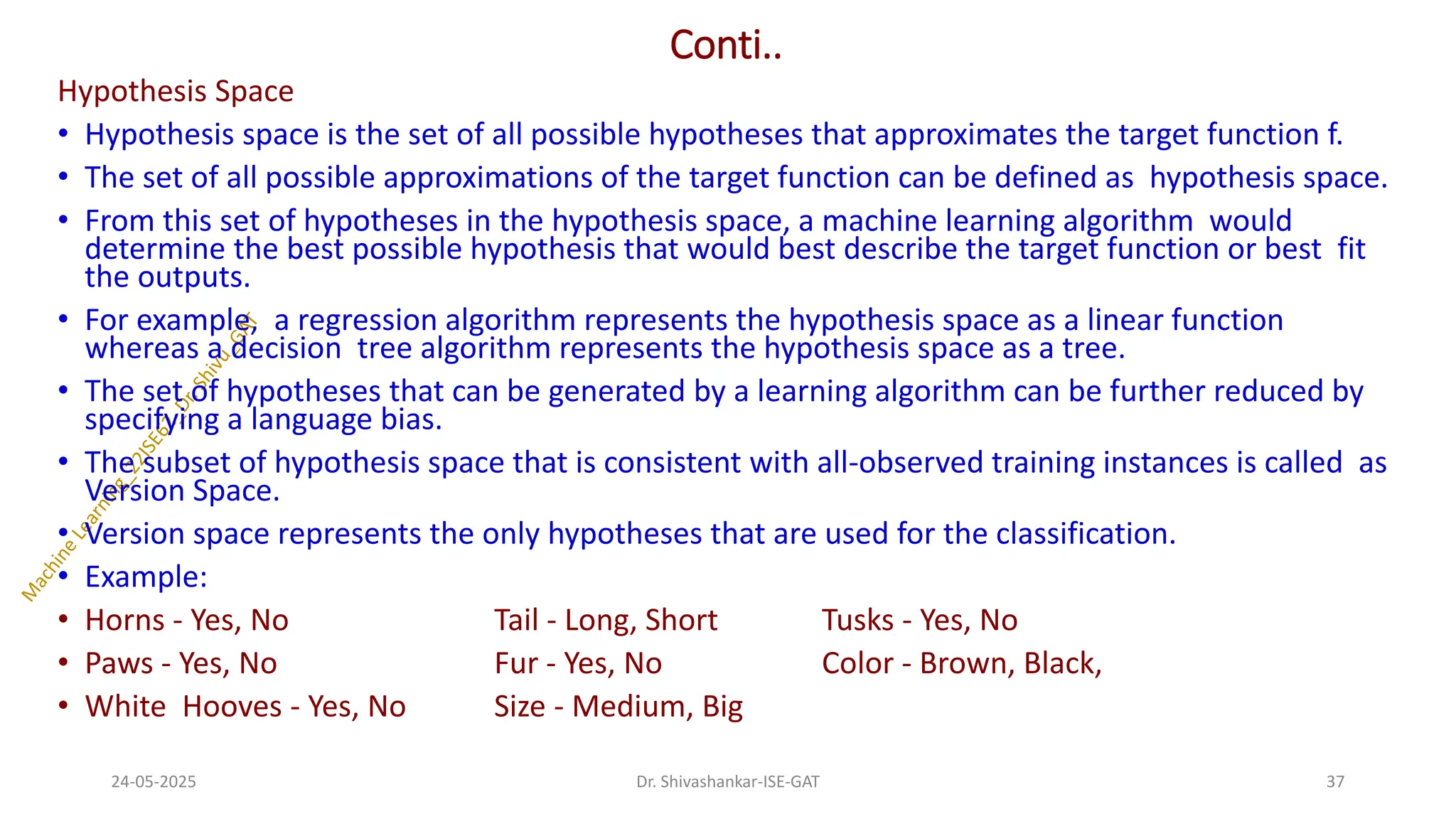 Conti..
Hypothesis Space
• Hypothesis space is the set of all possible hypotheses that approximates the target function f.
• The set of all possible approximations of the target function can be defined as hypothesis space.
• From this set of hypotheses in the hypothesis space, a machine learning algorithm would
determine the best possible hypothesis that would best describe the target function or best fit
the outputs.
• For example, a regression algorithm represents the hypothesis space as a linear function
whereas a decision tree algorithm represents the hypothesis space as a tree.
• The set of hypotheses that can be generated by a learning algorithm can be further reduced by
specifying a language bias.
• The subset of hypothesis space that is consistent with all-observed training instances is called as
Version Space.
• Version space represents the only hypotheses that are used for the classification.
• Example:
• Horns - Yes, No Tail - Long, Short Tusks - Yes, No
• Paws - Yes, No Fur - Yes, No Color - Brown, Black,
• White Hooves - Yes, No Size - Medium, Big
24-05-2025 37
Dr. Shivashankar-ISE-GAT
 