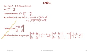 Conti..
Now from λ = 1, 0, Adjacent matrix
A =
−1 1
1 1
Transferred matix 𝐴𝑇 =
−1 1
1 1
Normalization factors: for λ = 1, −1 2 + 1 2 = 2
= 0, 1 2 + 1 2 = 2
Therefore, A =
−
1
2
1
2
1
2
1
2
Transferred data = A(𝑚1+ 𝑚2) =
−
1
2
1
2
1
2
1
2
0.5 − 0.5
−0.5 0.5
=
−
1
2
1
2
1
2
1
2
1
2
−
1
2
−
1
2
1
2
=
−
1
2
1
2
0 0
24-05-2025 26
Dr. Shivashankar-ISE-GAT
 
