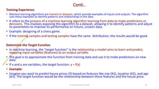 Conti..
Training Experience
• Machine learning algorithms are trained on datasets, which provide examples of inputs and outputs. The algorithm
uses these examples to identify patterns and relationships in the data.
• It refers to the process of a machine learning algorithm learning from data to make predictions or
decisions. This involves exposing the algorithm to a dataset, allowing it to identify patterns and adjust
its parameters to improve its performance on future, unseen data.
• Example: designing of a chess game.
• If the training samples and testing samples have the same distribution, the results would be good.
Determine the Target Function
• In machine learning, the "target function" is the relationship a model aims to learn and predict,
mapping input variables (features) to an output variable.
• The goal is to approximate this function from training data and use it to make predictions on new
data.
• If x and y are variables, the target function: y = f(x)
• Example:
• Imagine you want to predict house prices (Y) based on features like size (X1), location (X2), and age
(X3). The target function would be the relationship between these features and the house price.
24-05-2025 32
Dr. Shivashankar-ISE-GAT
 