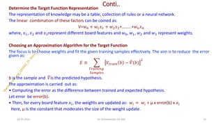 Conti..
Determine the Target Function Representation
The representation of knowledge may be a table, collection of rules or a neural network.
The linear combination of these factors can be coined as:
V=𝑤0 + 𝑤1𝑥1 + 𝑤2𝑥2+………+𝑤𝑛𝑥𝑛
where, 𝑥1, 𝑥2 and 𝑥3represent different board features and 𝑤0, 𝑤1, 𝑤2 and 𝑤3 represent weights.
Choosing an Approximation Algorithm for the Target Function
The focus is to choose weights and fit the given training samples effectively. The aim is to reduce the error
given as:
𝐸 ≡ ෍
𝑇𝑟𝑎𝑖𝑛𝑖𝑛𝑔
𝑆𝑎𝑚𝑝𝑙𝑒𝑠
𝑉𝑡𝑟𝑎𝑖𝑛 𝑏 − ෠
𝑉(𝑏)
2
b is the sample and ෠
𝑉is the predicted hypothesis.
The approximation is carried out as:
• Computing the error as the difference between trained and expected hypothesis.
Let error be error(b).
• Then, for every board feature 𝑥𝑖, the weights are updated as: 𝑤𝑖 = 𝑤𝑖 + μ x error(b) x 𝑥𝑖
Here, μ is the constant that moderates the size of the weight update.
24-05-2025 33
Dr. Shivashankar-ISE-GAT
 