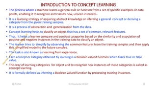 INTRODUCTION TO CONCEPT LEARNING
• The process where a machine learns a general rule or function from a set of specific examples or data
points, enabling it to recognize and classify new, unseen instances.
• It is a learning strategy of acquiring abstract knowledge or inferring a general concept or deriving a
category from the given training samples.
• It is a process of abstraction and generalization from the data.
• Concept learning helps to classify an object that has a set of common, relevant features.
• Thus, it helps a learner compare and contrast categories based on the similarity and association of
positive and negative instances in the training data to classify an object.
• The learner tries to simplify by observing the common features from the training samples and then apply
this simplified model to the future samples.
• This task is also known as learning from experience.
• Each concept or category obtained by learning is a Boolean valued function which takes true or false
value.
• This way of learning categories for object and to recognize new instances of those categories is called as
concept learning.
• It is formally defined as inferring a Boolean valued function by processing training instances.
24-05-2025 34
Dr. Shivashankar-ISE-GAT
 