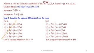 Conti..
Problem 1: Find the correlation coefficient of data X = {1, 2, 3, 4, 5} and Y = {1, 4, 9, 16, 25}.
Solution: Step 1: The mean values of X and Y
Mean(X) = ത
𝑋=
15
5
= 3
Mean(Y) = = ത
𝑌 =
55
5
= 11
Step 2: Calculate the squared differences from the mean
For X for Y
(𝑋1 − ത
𝑋)2= 1 − 3 2=4 (𝑌1 − ത
𝑌)2= 1 − 11 2=100
(𝑋2 − ത
𝑋)2
= 2 − 3 2
=1 (𝑌2 − ത
𝑌)2
= 4 − 11 2
=49
(𝑋3 − ത
𝑋)2= 3 − 3 2=0 (𝑌3 − ത
𝑌)2= 9 − 11 2=4
(𝑋4 − ത
𝑋)2
= 4 − 3 2
=1 (𝑌4 − ത
𝑌)2
= 16 − 11 2
=25
(𝑋5 − ത
𝑋)2
= 5 − 3 2
=4 (𝑌5 − ത
𝑌)2
= 25 − 11 2
=196
Sum of squared differences for X: 10 Sum of squared differences for X: 374
24-05-2025 8
Dr. Shivashankar-ISE-GAT
 