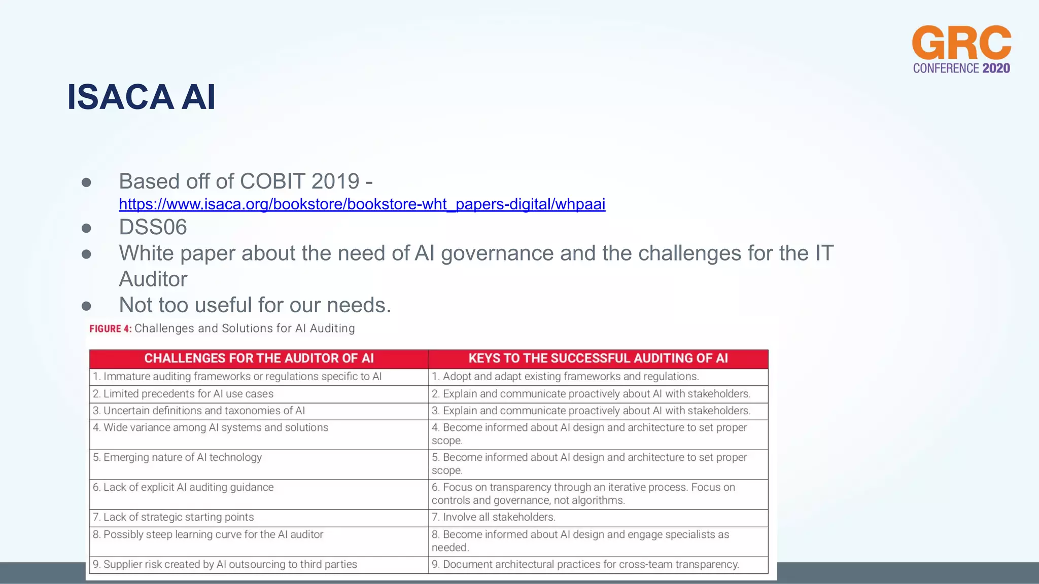 ● Based off of COBIT 2019 -
https://www.isaca.org/bookstore/bookstore-wht_papers-digital/whpaai
● DSS06
● White paper about the need of AI governance and the challenges for the IT
Auditor
● Not too useful for our needs.
ISACA AI
 