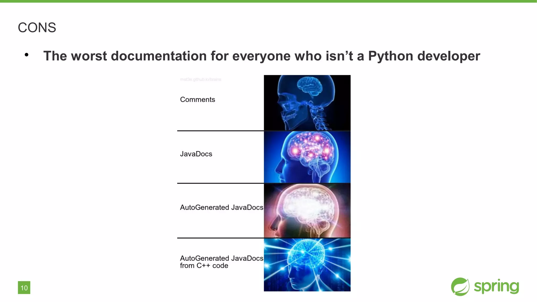 10
CONS

The worst documentation for everyone who isn’t a Python developer
 