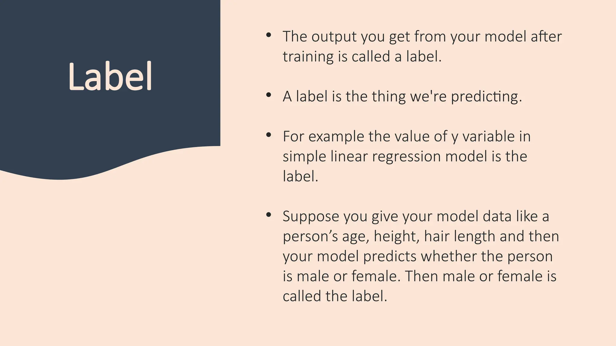 Label
• The output you get from your model after
training is called a label.
• A label is the thing we're predicting.
• For example the value of y variable in
simple linear regression model is the
label.
• Suppose you give your model data like a
person’s age, height, hair length and then
your model predicts whether the person
is male or female. Then male or female is
called the label.
 