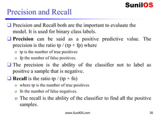 Precision and Recall
❑ Precision and Recall both are the important to evaluate the
model. It is used for binary class labels.
❑ Precision can be said as a positive predictive value. The
precision is the ratio tp / (tp + fp) where
o tp is the number of true positives
o fp the number of false positives.
❑ The precision is the ability of the classifier not to label as
positive a sample that is negative.
❑ Recall is the ratio tp / (tp + fn)
o where tp is the number of true positives
o fn the number of false negatives.
o The recall is the ability of the classifier to find all the positive
samples.
www.SunilOS.com 26
 